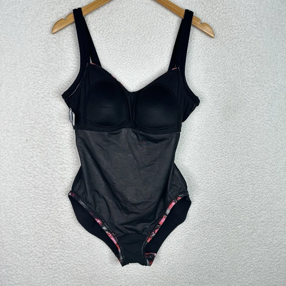 Gabar One Piece Swimsuit Women's Size 14 Tummy Control Black Pink Floral Ruched